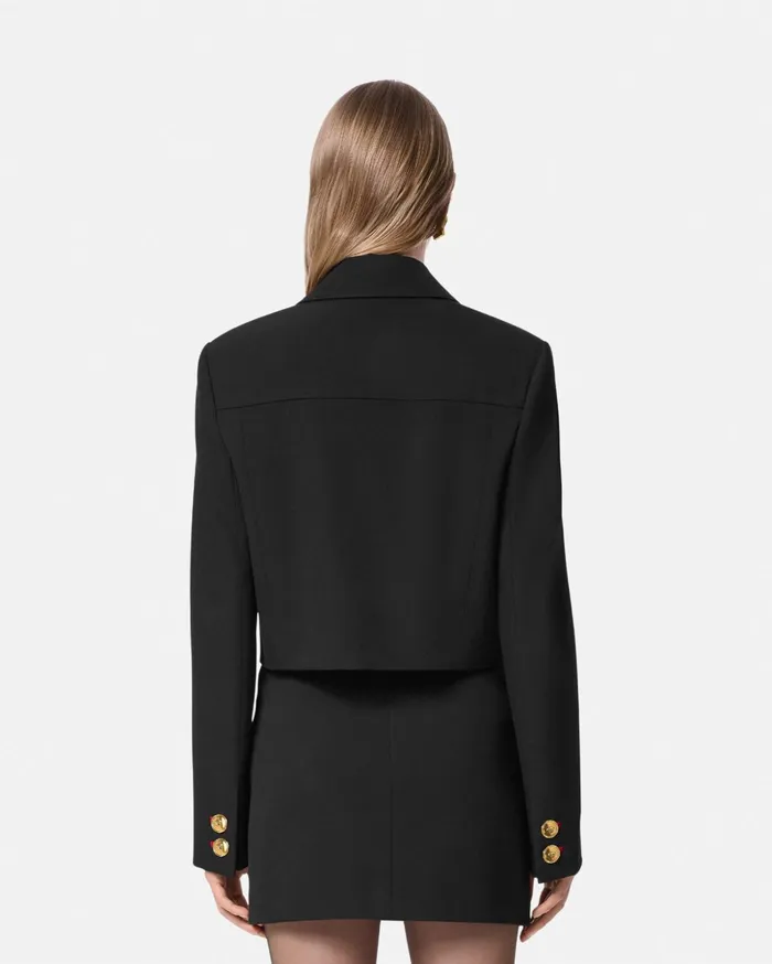 Versace Suits Women Wool Gabardine Uniform Crop Jacket Black
