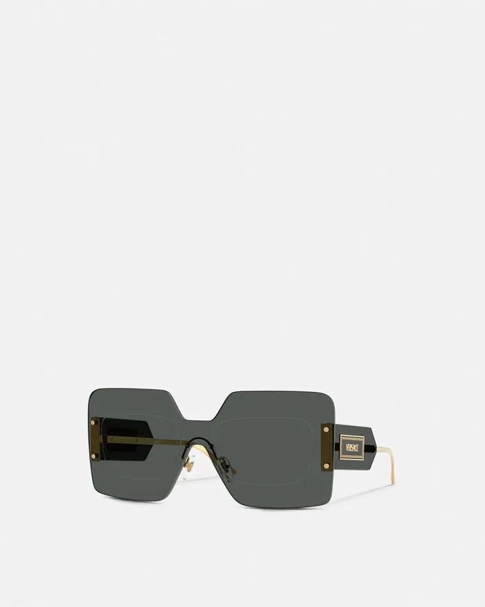 Versace Sunglasses Women Damier Plaque Squared Shield Sunglasses Blackgold