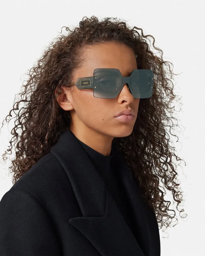 Versace Sunglasses Women Damier Plaque Squared Shield Sunglasses Blackgold