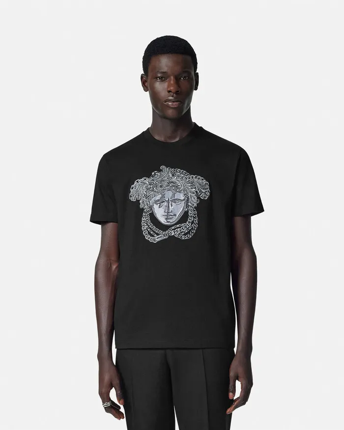 Versace TShirts and Polos Men Embroidered Crystal Medusa TShirt Black