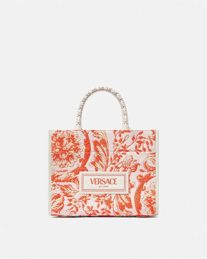 Versace Totes Women Barocco Athena Raffia Small Tote Bag Coral