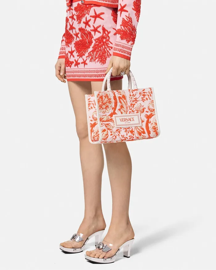 Versace Totes Women Barocco Athena Raffia Small Tote Bag Coral