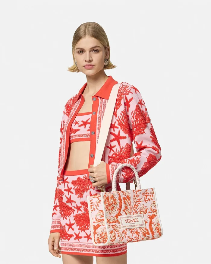 Versace Totes Women Barocco Athena Raffia Small Tote Bag Coral