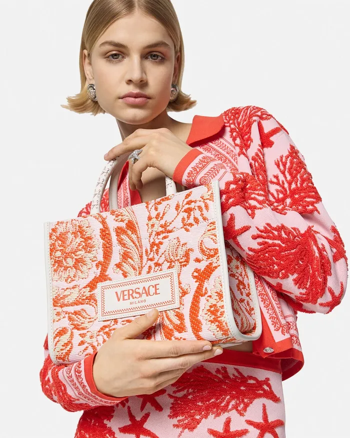 Versace Totes Women Barocco Athena Raffia Small Tote Bag Coral