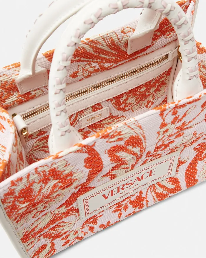 Versace Totes Women Barocco Athena Raffia Small Tote Bag Coral