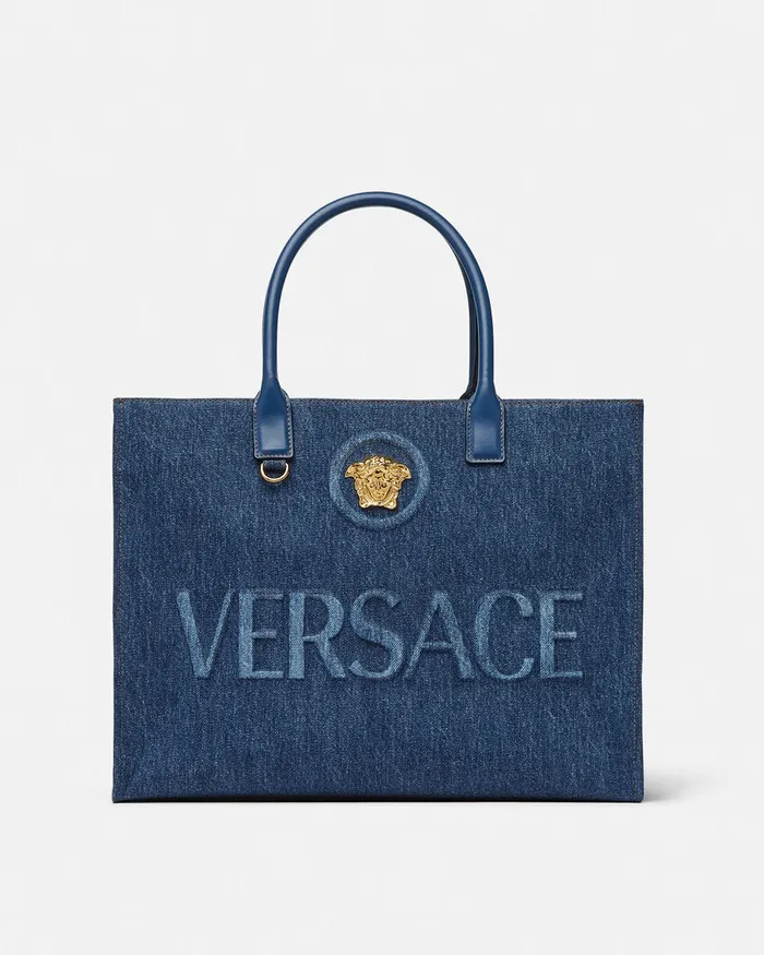 Versace Totes Women La Medusa Denim Large Tote Bag Blue