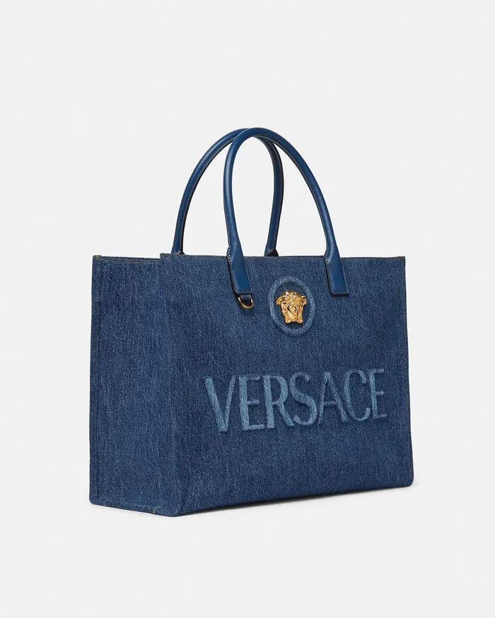 Versace Totes Women La Medusa Denim Large Tote Bag Blue