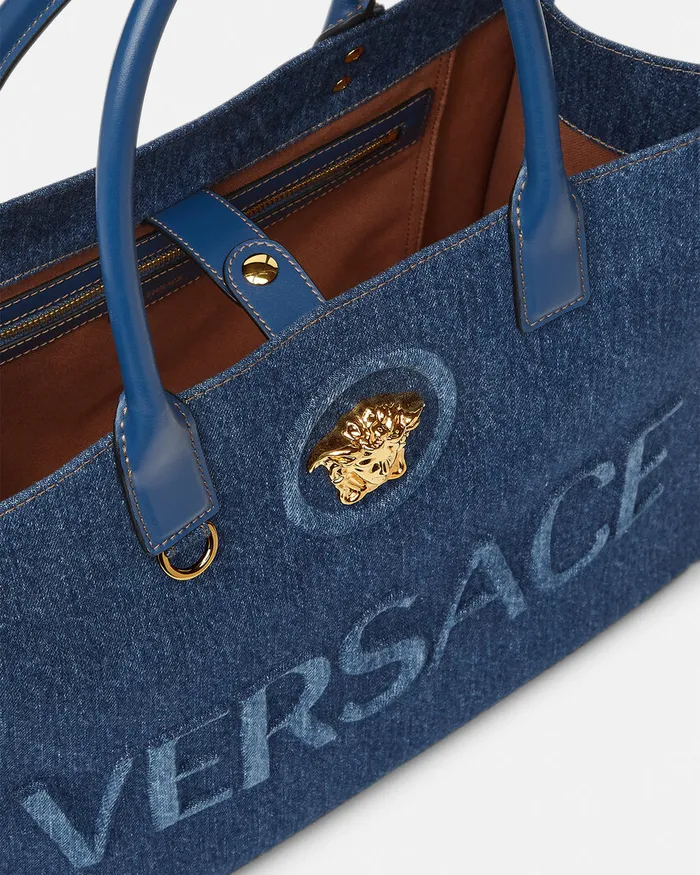 Versace Totes Women La Medusa Denim Large Tote Bag Blue