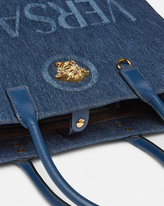 Versace Totes Women La Medusa Denim Large Tote Bag Blue