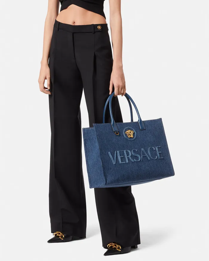 Versace Totes Women La Medusa Denim Large Tote Bag Blue