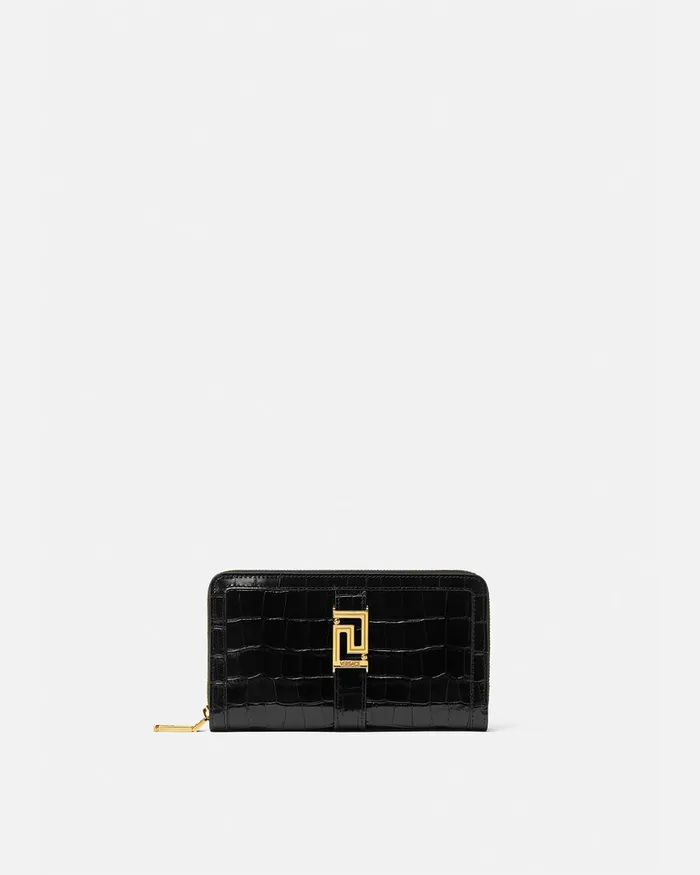 Versace Wallets Women CrocEffect Greca Goddess Long Wallet Blackgold