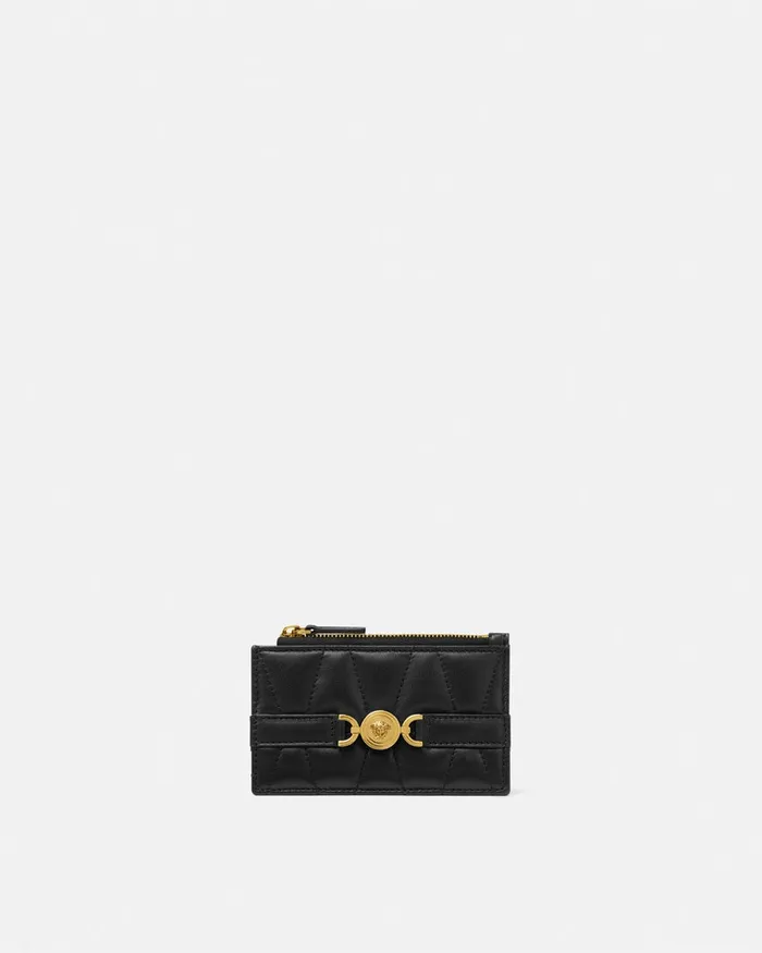 Versace Wallets Women Medusa 03995 Quilted Zip Card Holder Blackgold