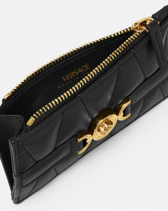 Versace Wallets Women Medusa 03995 Quilted Zip Card Holder Blackgold