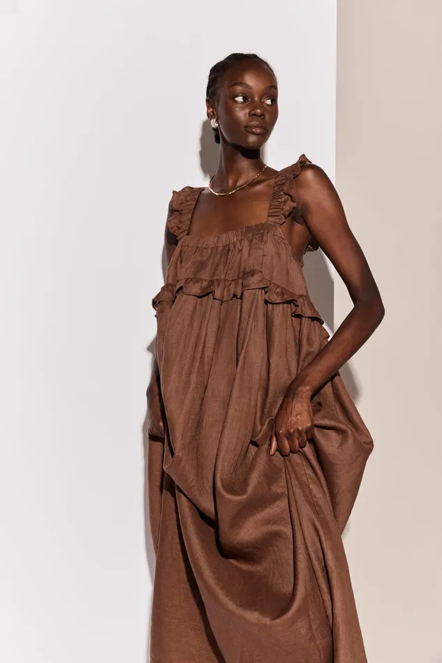 VRG GRL Rossana Linen Maxi Dress Chocolate Women MidiMaxi Dresses VRG GRL Rossana Linen Maxi Dress Chocolate Women MidiMaxi Dresses