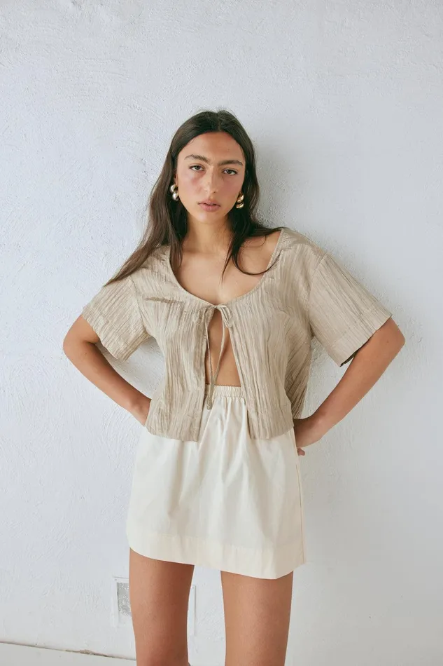 VRG GRL The Sea and I Smock Top Taupe Women Short Sleeve