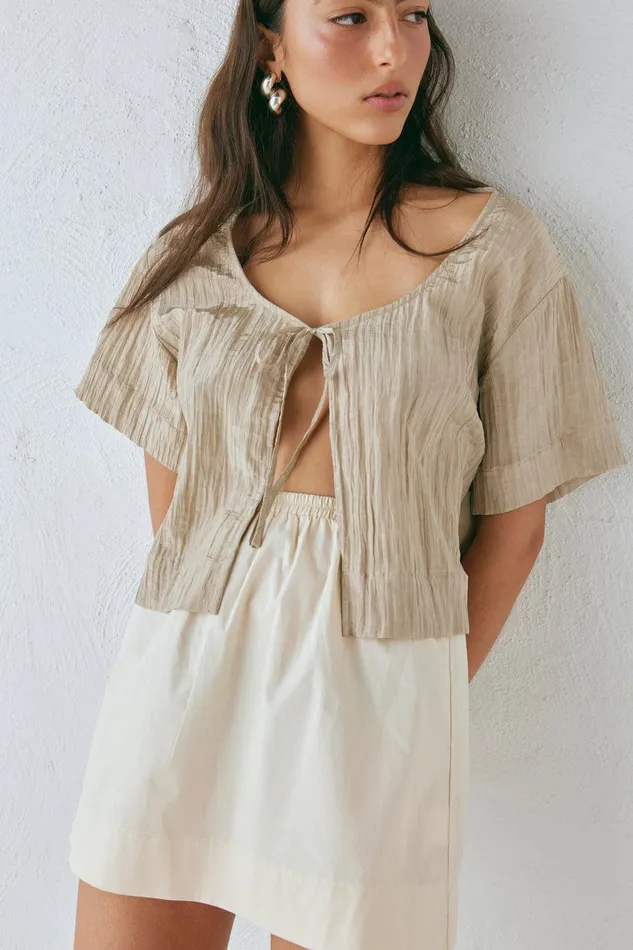 VRG GRL The Sea and I Smock Top Taupe Women Short Sleeve