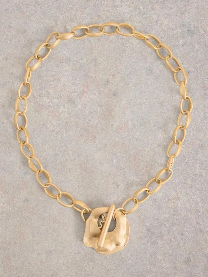 Women ABSTRACT HAMMERED NECKLACE Gold Tone Metallic White Stuff Jewellery