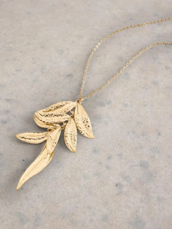 Women Ally Leaf Pendant Necklace Gold Tone Metallic White Stuff Jewellery