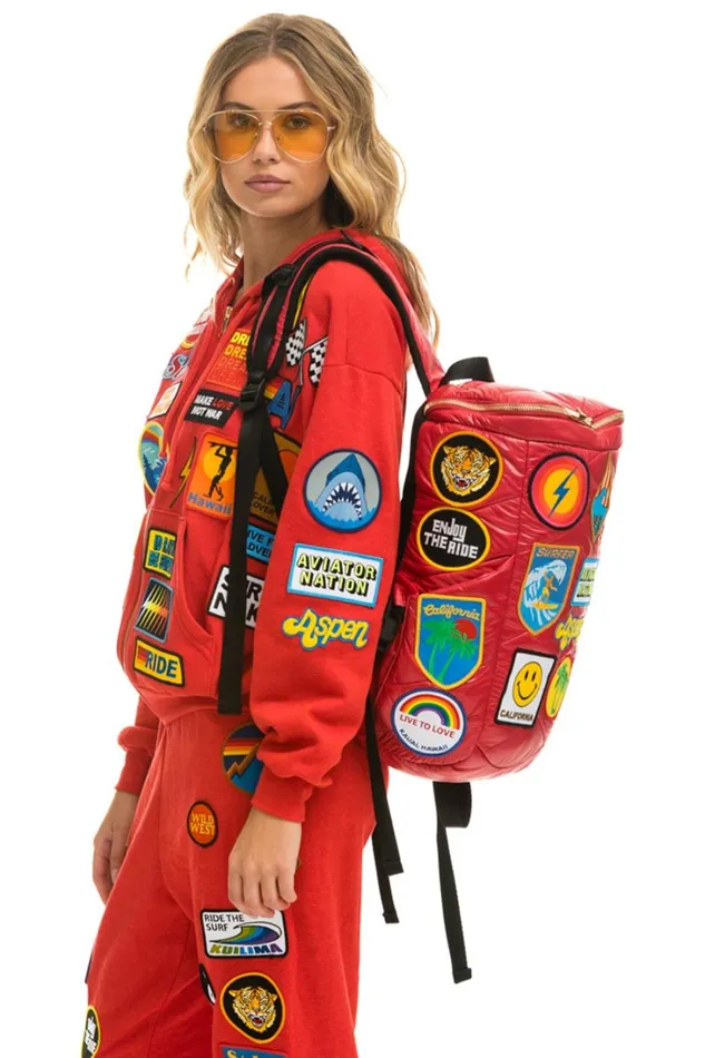 Women Backpacks Aviator Nation VINTAGE PATCH PUFFER BACKPACK 8211 CHERRY GLOSSY