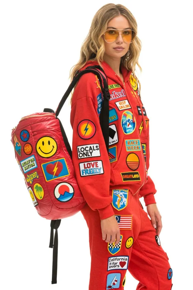 Women Backpacks Aviator Nation VINTAGE PATCH PUFFER BACKPACK 8211 CHERRY GLOSSY