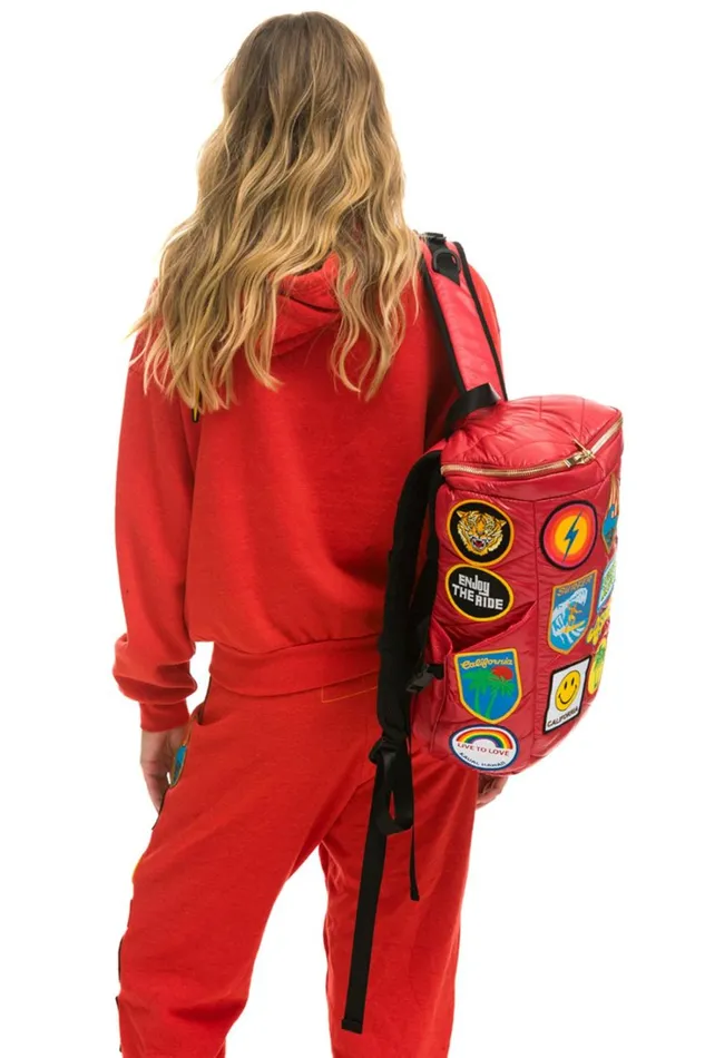 Women Backpacks Aviator Nation VINTAGE PATCH PUFFER BACKPACK 8211 CHERRY GLOSSY