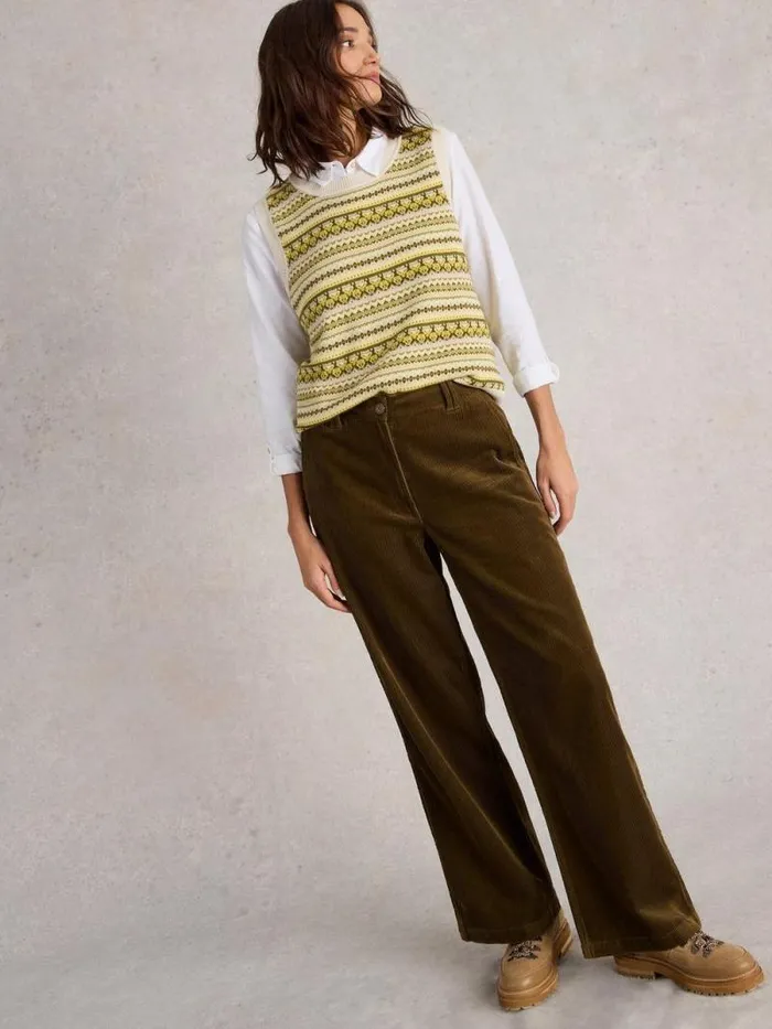 Women Belle Cord Wide Leg Trouser Khaki Green White Stuff Trousers