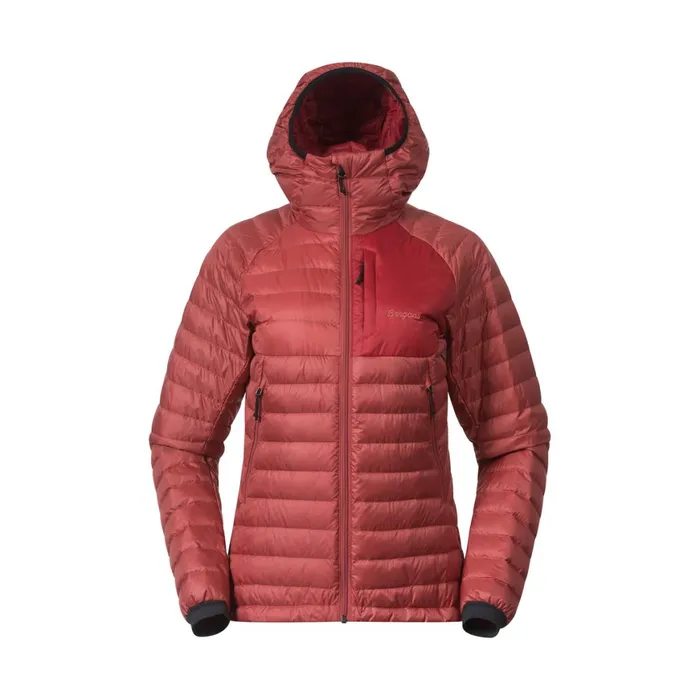 Women Bergans Of Norway Down Jackets Vaagaa Light Down Jacket Hood Rusty Dust Crimson Red