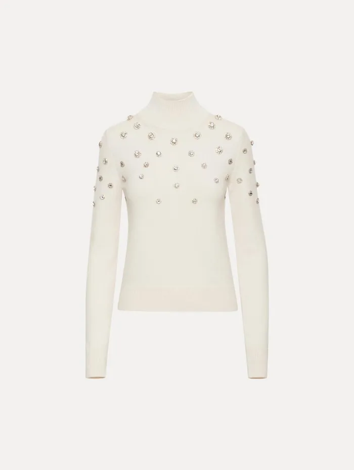 Women Blouses and Knits Oscar De La Renta Crystal Embroidered Turtleneck Ivory