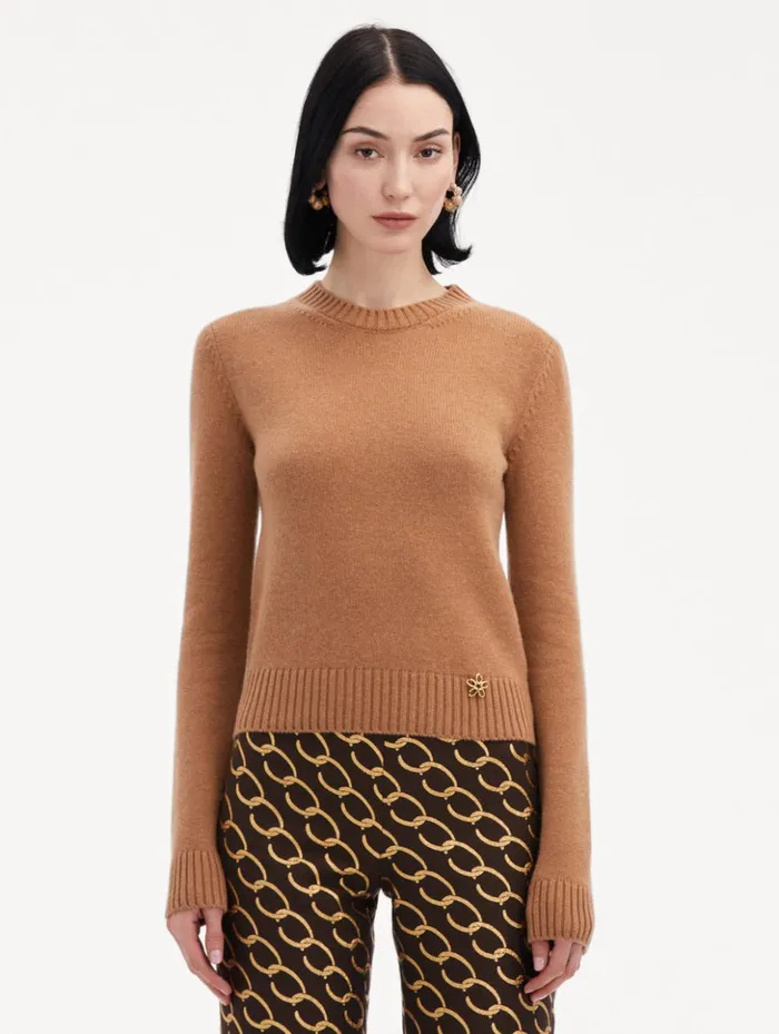 Women Blouses and Knits Oscar De La Renta O Flower Cashmere Pullover Camel Women Blouses and Knits Oscar De La Renta O Flower Cashmere Pullover Camel