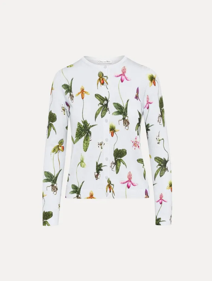 Women Blouses and Knits Oscar De La Renta Orchid Printed Cardigan Light Blue Multi