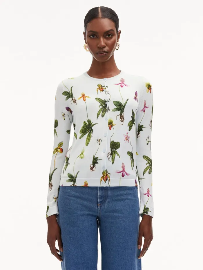 Women Blouses and Knits Oscar De La Renta Orchid Printed Cardigan Light Blue Multi Women Blouses and Knits Oscar De La Renta Orchid Printed Cardigan Light Blue Multi