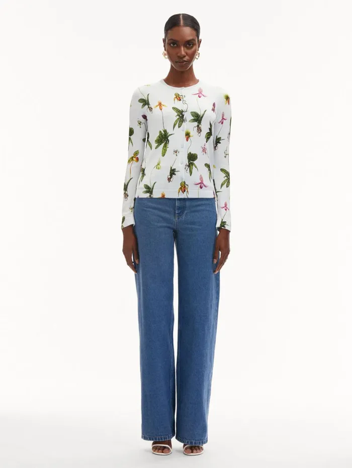 Women Blouses and Knits Oscar De La Renta Orchid Printed Cardigan Light Blue Multi Women Blouses and Knits Oscar De La Renta Orchid Printed Cardigan Light Blue Multi