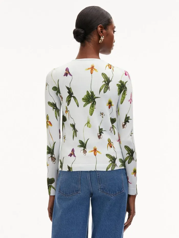 Women Blouses and Knits Oscar De La Renta Orchid Printed Cardigan Light Blue Multi Women Blouses and Knits Oscar De La Renta Orchid Printed Cardigan Light Blue Multi