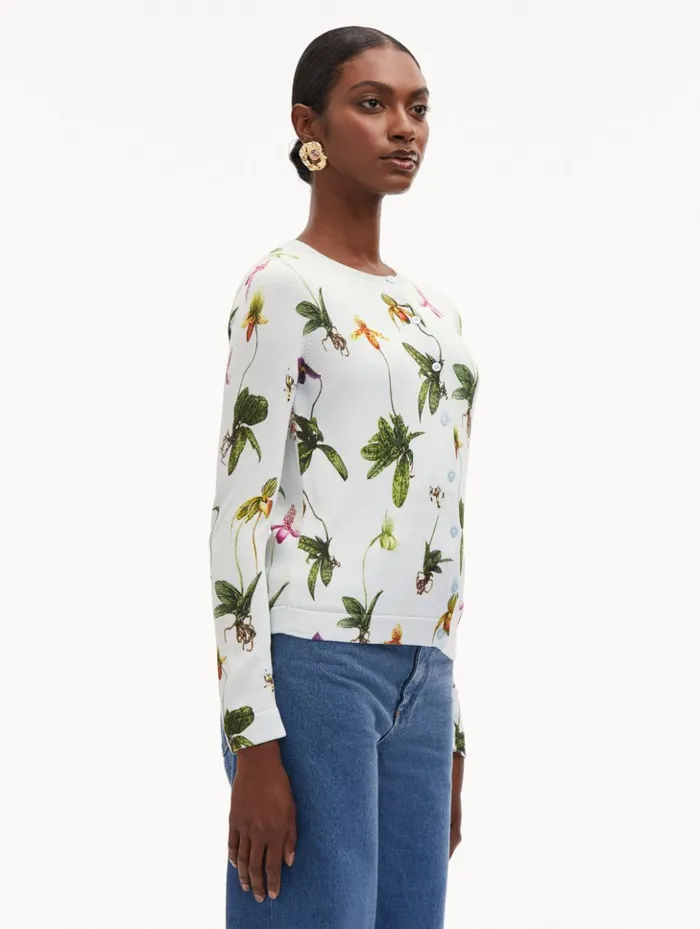 Women Blouses and Knits Oscar De La Renta Orchid Printed Cardigan Light Blue Multi Women Blouses and Knits Oscar De La Renta Orchid Printed Cardigan Light Blue Multi