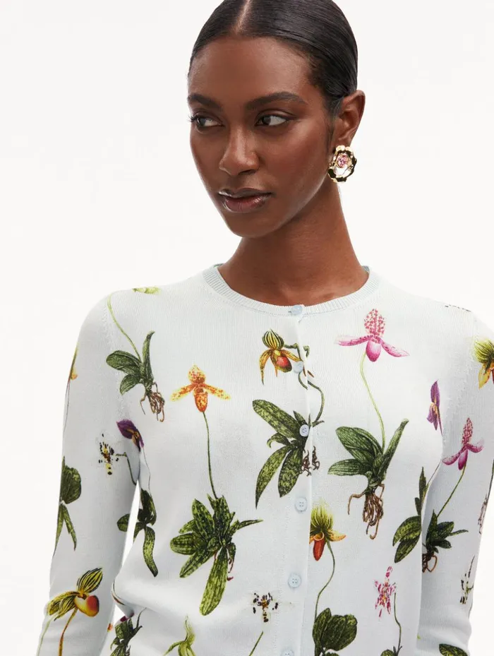 Women Blouses and Knits Oscar De La Renta Orchid Printed Cardigan Light Blue Multi Women Blouses and Knits Oscar De La Renta Orchid Printed Cardigan Light Blue Multi
