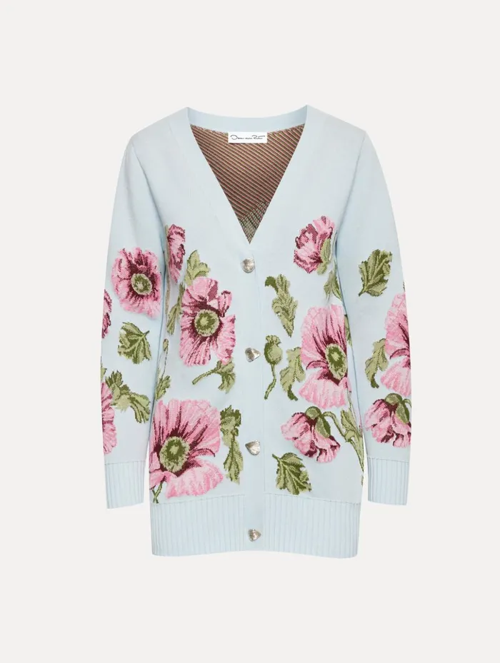 Women Blouses and Knits Oscar De La Renta Poppy Jacquard Cardigan Light Blue Pink