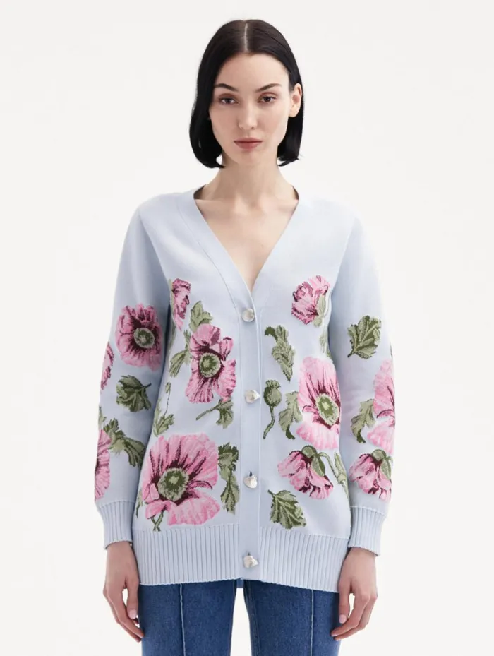 Women Blouses and Knits Oscar De La Renta Poppy Jacquard Cardigan Light Blue Pink Women Blouses and Knits Oscar De La Renta Poppy Jacquard Cardigan Light Blue Pink