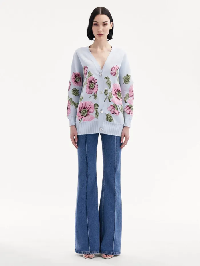 Women Blouses and Knits Oscar De La Renta Poppy Jacquard Cardigan Light Blue Pink Women Blouses and Knits Oscar De La Renta Poppy Jacquard Cardigan Light Blue Pink