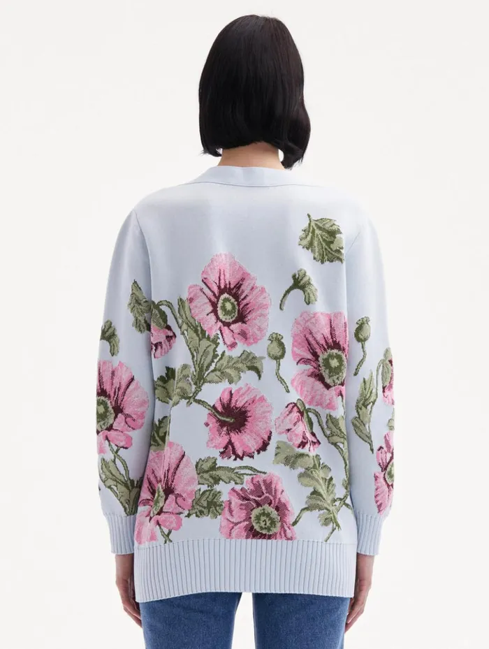 Women Blouses and Knits Oscar De La Renta Poppy Jacquard Cardigan Light Blue Pink Women Blouses and Knits Oscar De La Renta Poppy Jacquard Cardigan Light Blue Pink