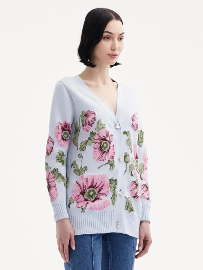 Women Blouses and Knits Oscar De La Renta Poppy Jacquard Cardigan Light Blue Pink Women Blouses and Knits Oscar De La Renta Poppy Jacquard Cardigan Light Blue Pink