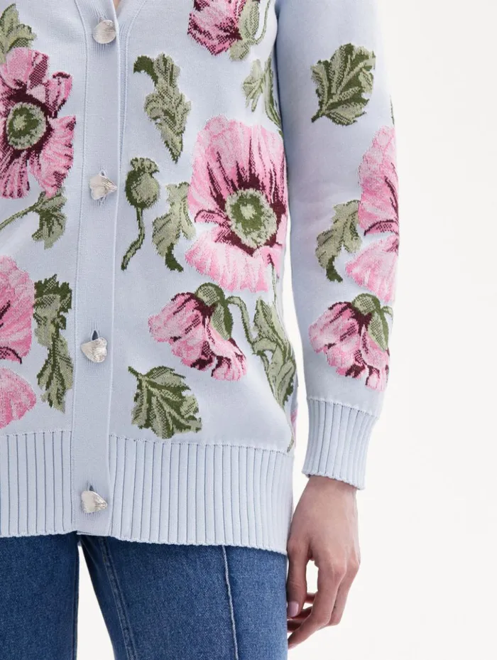 Women Blouses and Knits Oscar De La Renta Poppy Jacquard Cardigan Light Blue Pink Women Blouses and Knits Oscar De La Renta Poppy Jacquard Cardigan Light Blue Pink