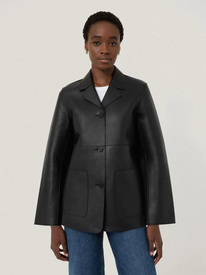 Women Bonded Leather Jacket Black Jigsaw Coats and Jackets