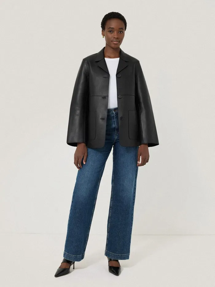 Women Bonded Leather Jacket Black Jigsaw Coats and Jackets