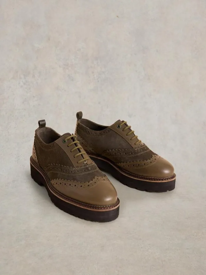 Women Chunky Lace Up Brogue Khaki Green White Stuff Shoes