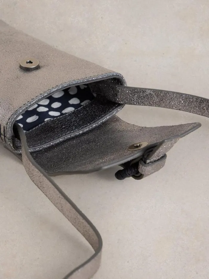 Women Clara Buckle Leather Phone Bag Pewter Metallic White Stuff Bags and Purses