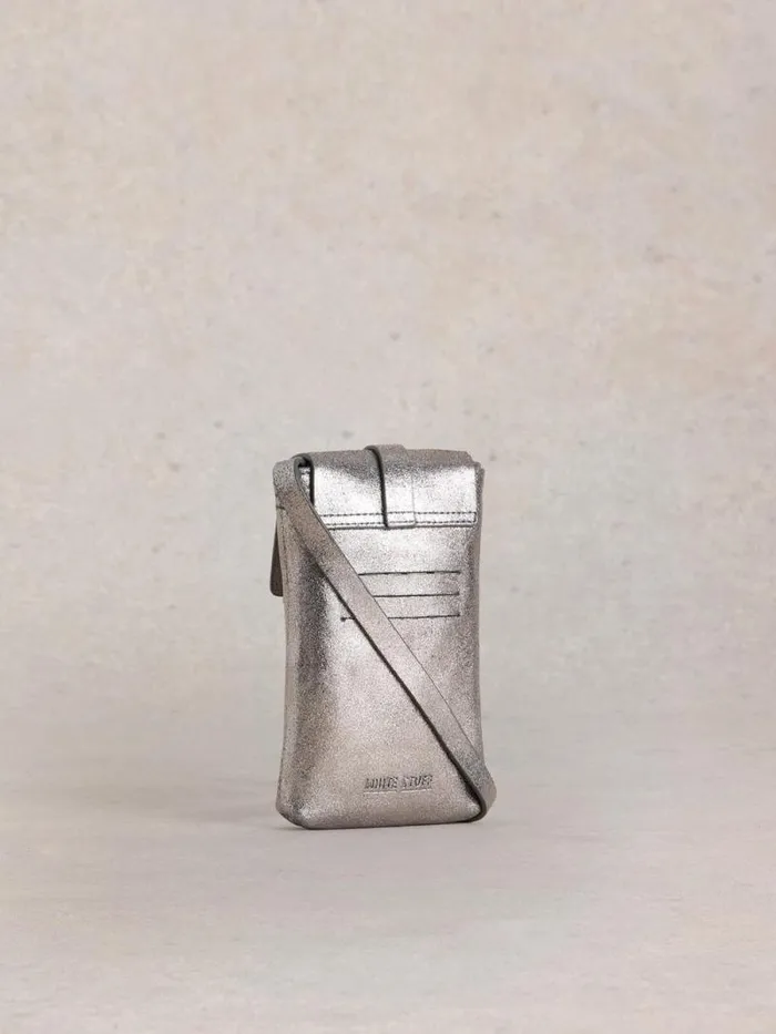 Women Clara Buckle Leather Phone Bag Pewter Metallic White Stuff Bags and Purses