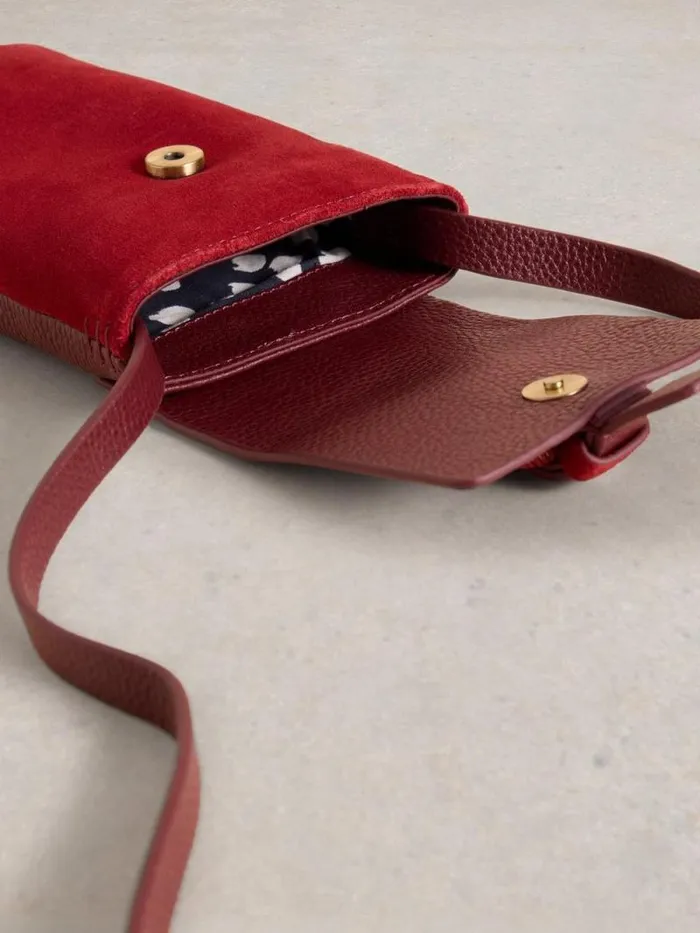 Women Clara Buckle Suede Phone Bag Bright Red White Stuff Bags and Purses