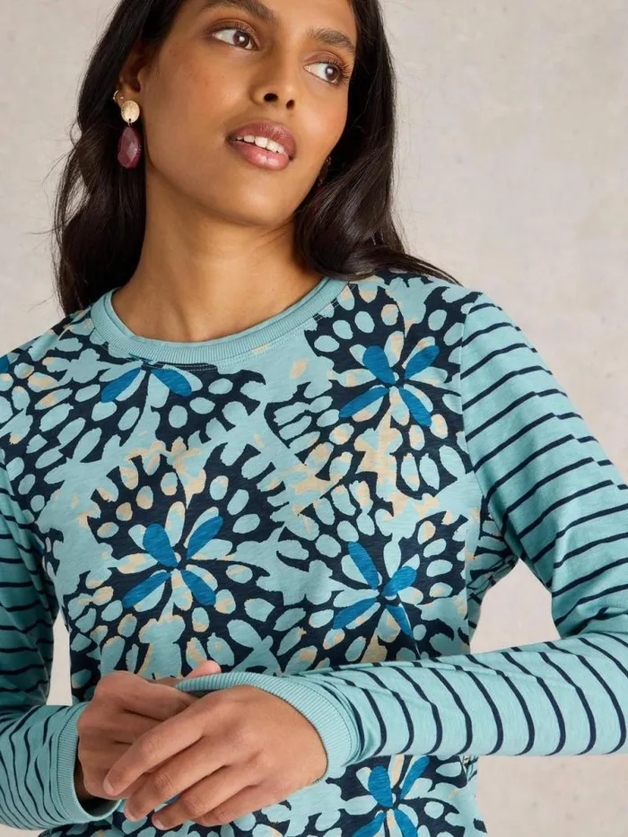Women CLARA CREW NECK TEE Blue Multi White Stuff Shirts and Blouses
