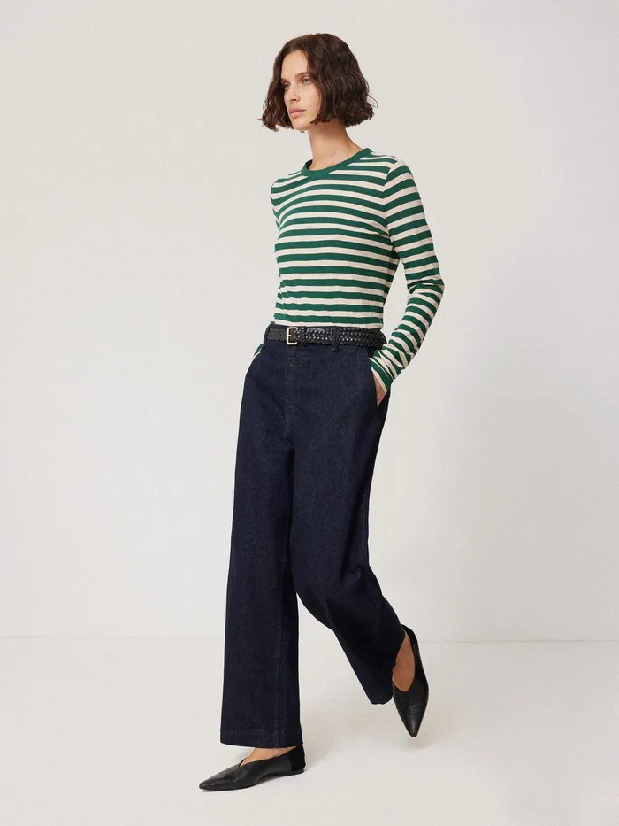 Women Cotton Slub Stripe Long Sleeve Tee Green Jigsaw Pyjamas and Loungewear