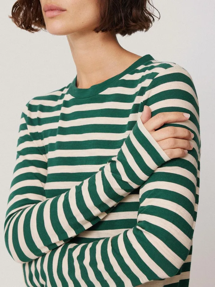 Women Cotton Slub Stripe Long Sleeve Tee Green Jigsaw Pyjamas and Loungewear